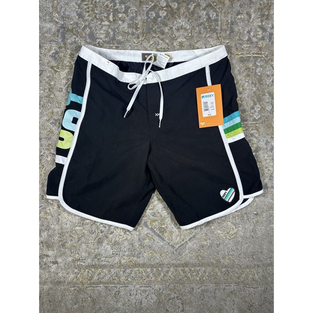 NWT Roxy Board Shorts Size 5 Black Striped Swim Surf Trunks L601393L Swimwear